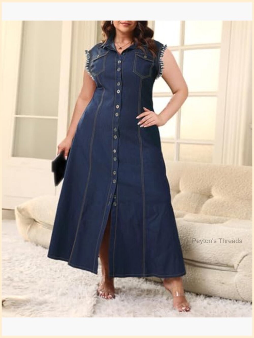 Denim Sleeveless Button Front A-Line Maxi Dress Plus Size - Picture 5 of 6